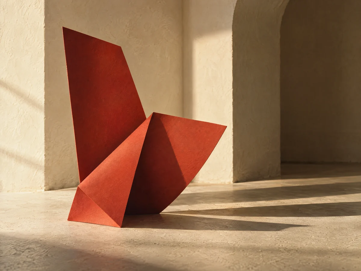 A sculptural vermilion paper form casting a long shadow in a warm ivory space.